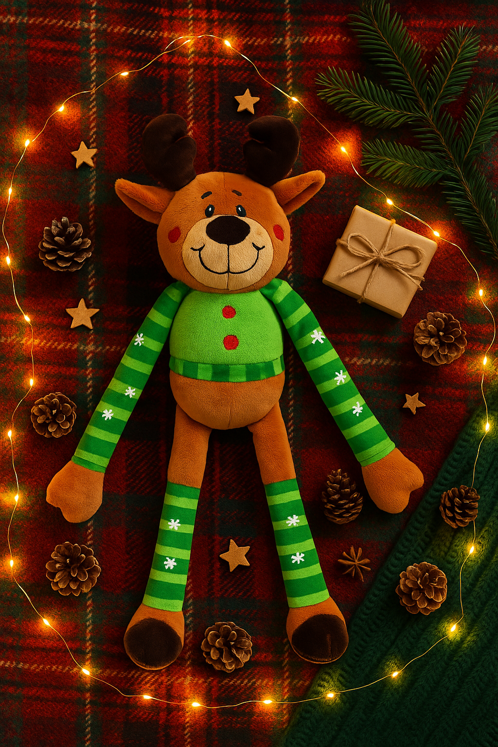 Flat-lay of Shaker Reindeer Holiday Dog Toy with long striped limbs on plaid blanket surrounded by fairy lights, pinecones, and Christmas decorations