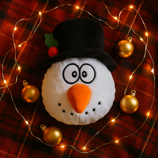Festive flat-lay of Simon the Snowman plush dog toy on red tartan blanket with gold baubles and fairy lights