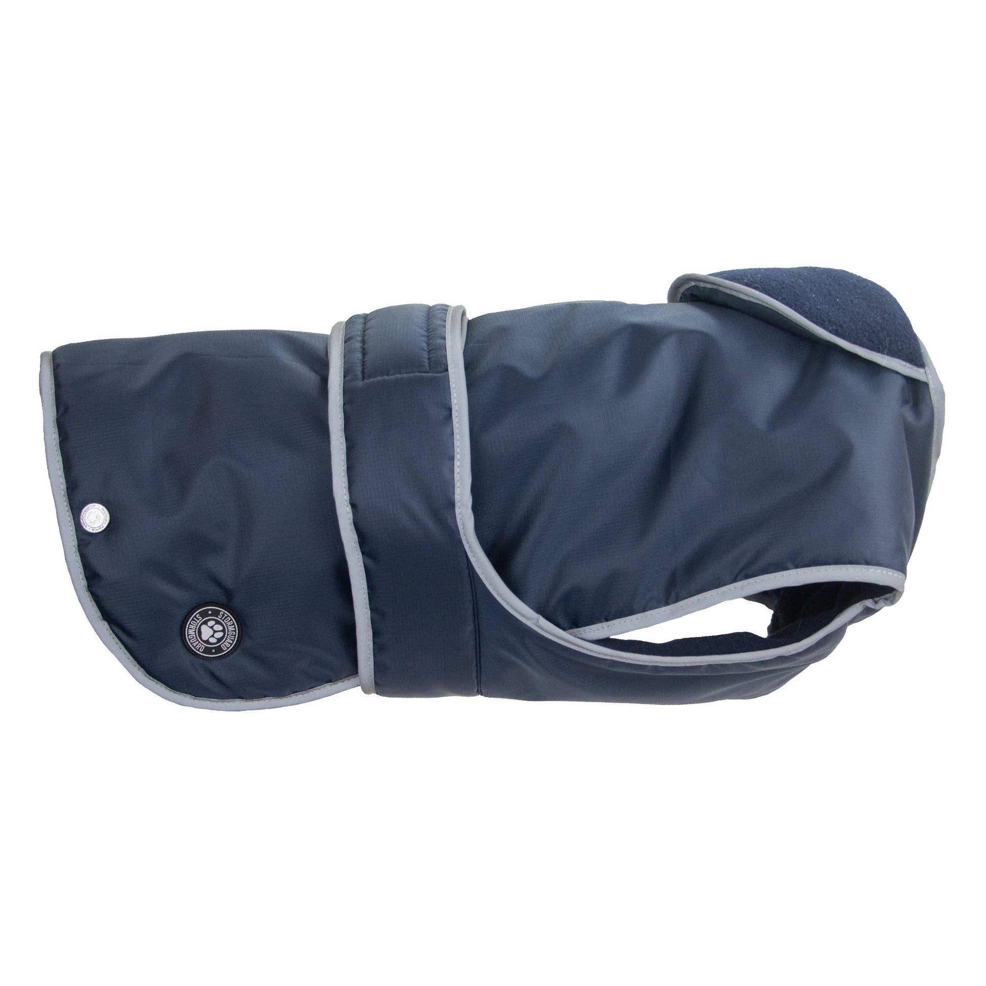 Stormguard all weather dog coat in navy blue showing adjustable fit and fleece lining
