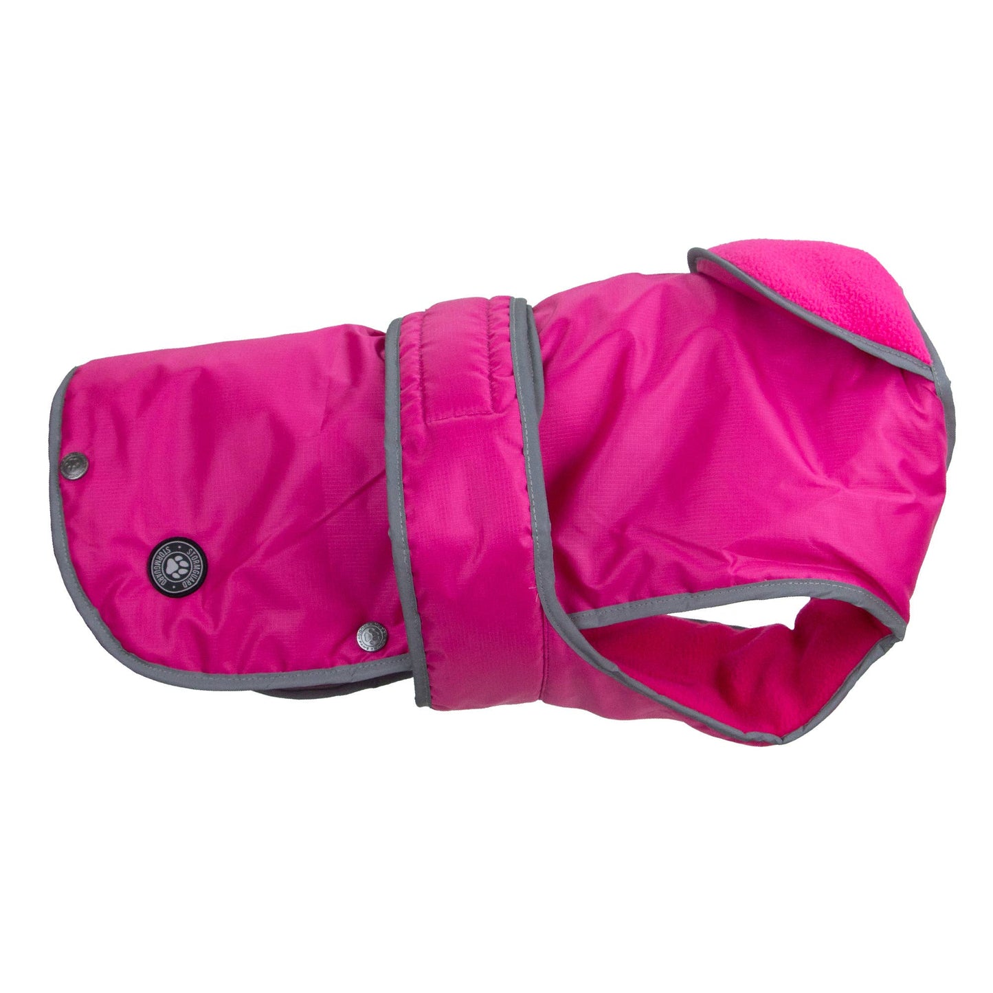 Stormguard pink all-weather dog coat laid flat showing full body coverage