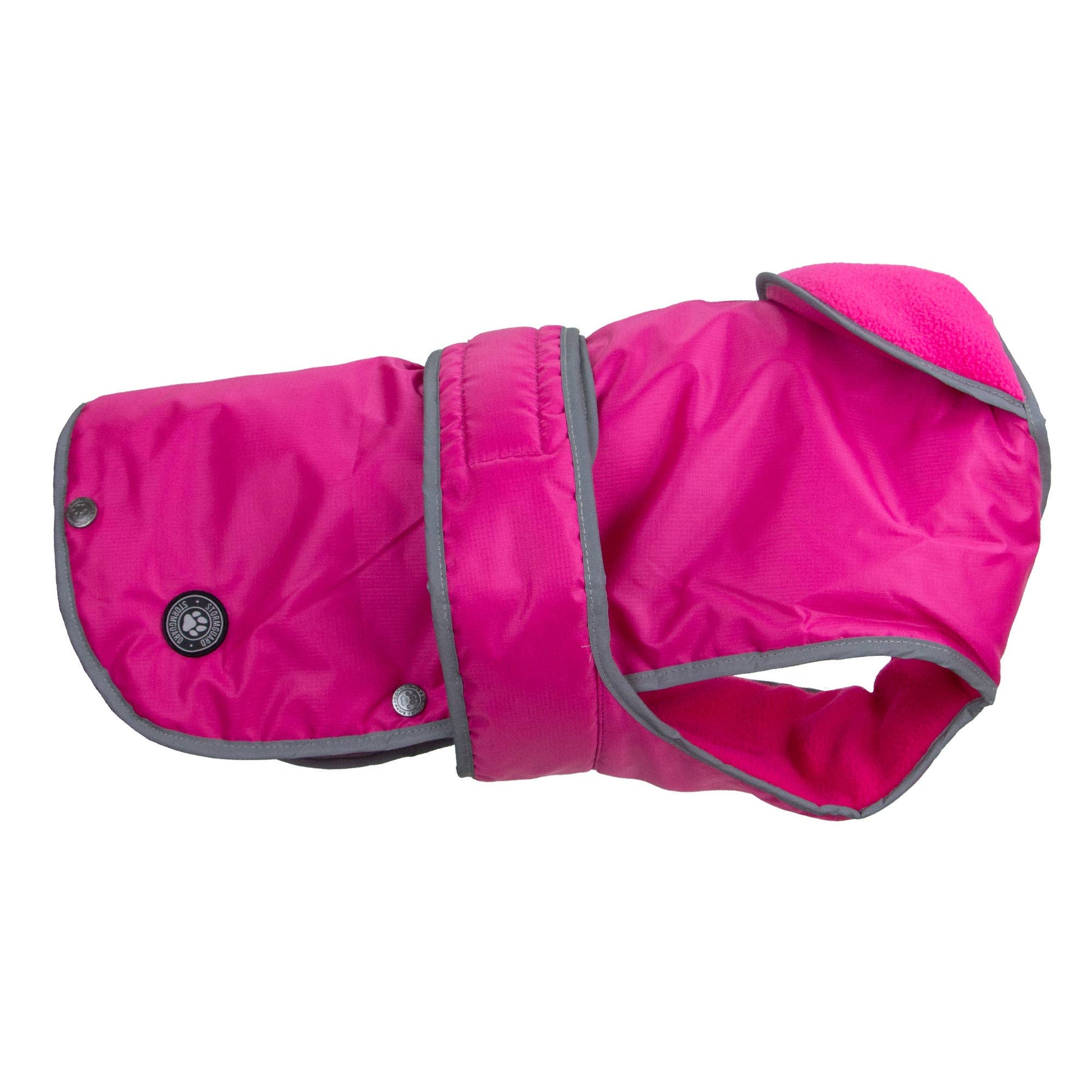 Stormguard pink all-weather dog coat laid flat showing full body coverage