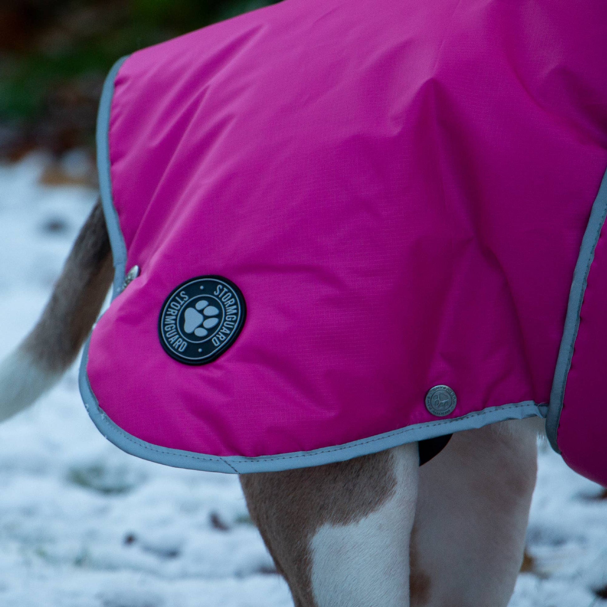 Close up of Stormguard pink dog coat showing waterproof fabric and logo badge