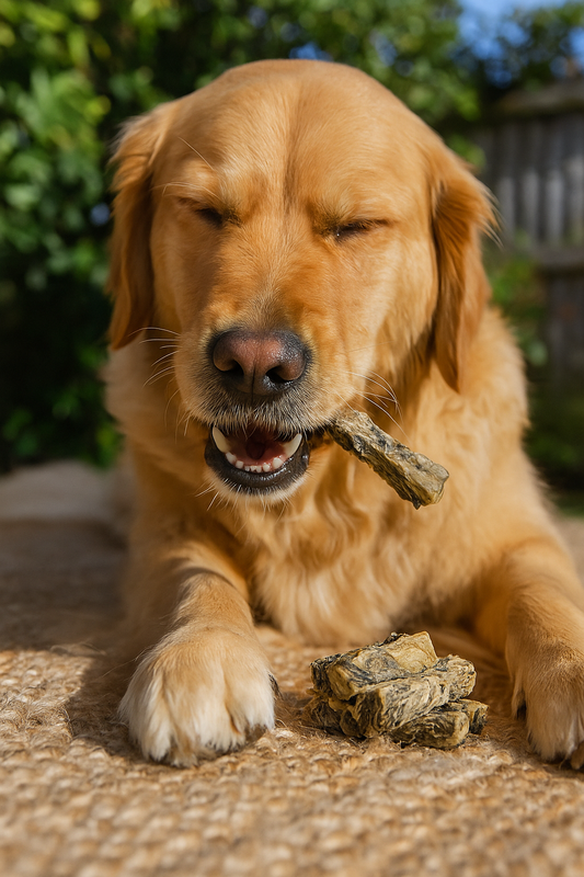 Golden Retriever enjoying a natural white fish jerky dental stick outdoors on a jute mat, showcasing healthy teeth and glossy coat in warm natural light.